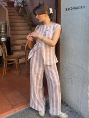 Aiertu  -  Elegant Striped Print Vest Pants Set Women Asymmetric Single Breasted Tops Wide Leg Trouser 2026 Summer Lady Casual Outfits Aiertu