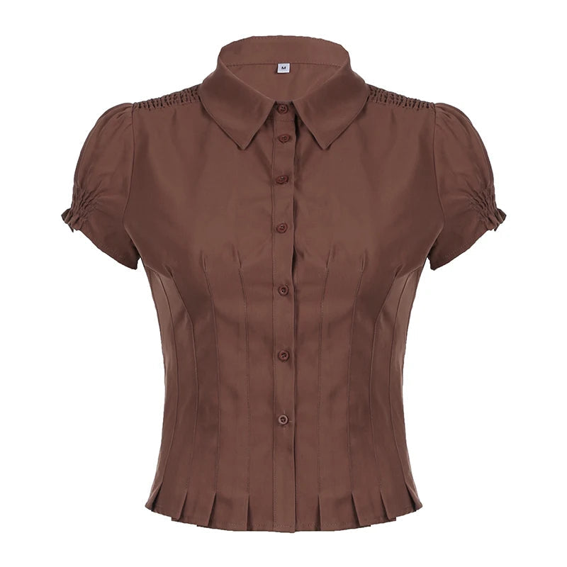 Aiertu  -  Fashion Chic Brown Summer Shirts Female Folds Slim-Waist Vintage Y2K Top Buttons Pleated Blouse Cropped Clothes Aiertu