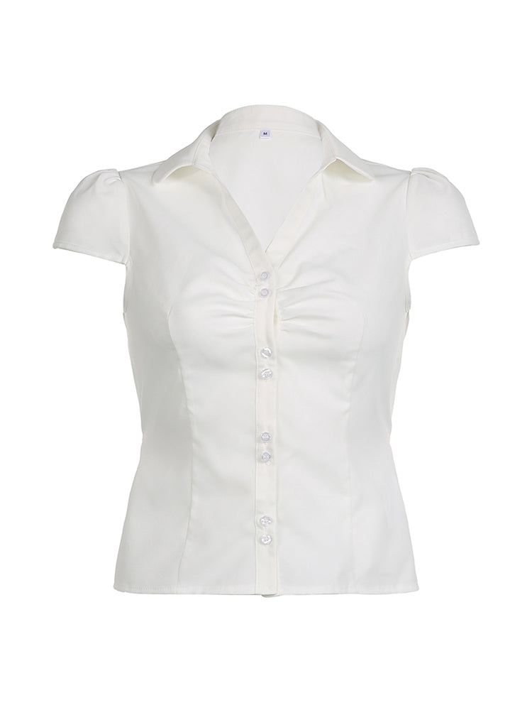 Aiertu - summer inspo Solid Shirring Button Up Turn Down Collar Short Sleeve White Shirts Women Simple Casual Summer Clothes Aiertu
