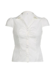 Aiertu - summer inspo Solid Shirring Button Up Turn Down Collar Short Sleeve White Shirts Women Simple Casual Summer Clothes Aiertu