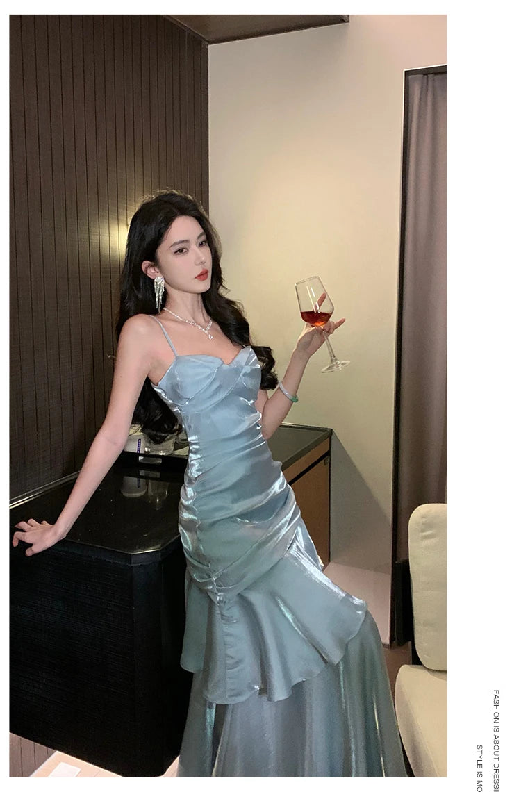 Aiertu  Vintage Long Dress Women Party Prom Sexy Spaghetti Strap Maxi Dresses Elegant Ruffles Robe Summer Korean Bodycon Vestidos Aiertu