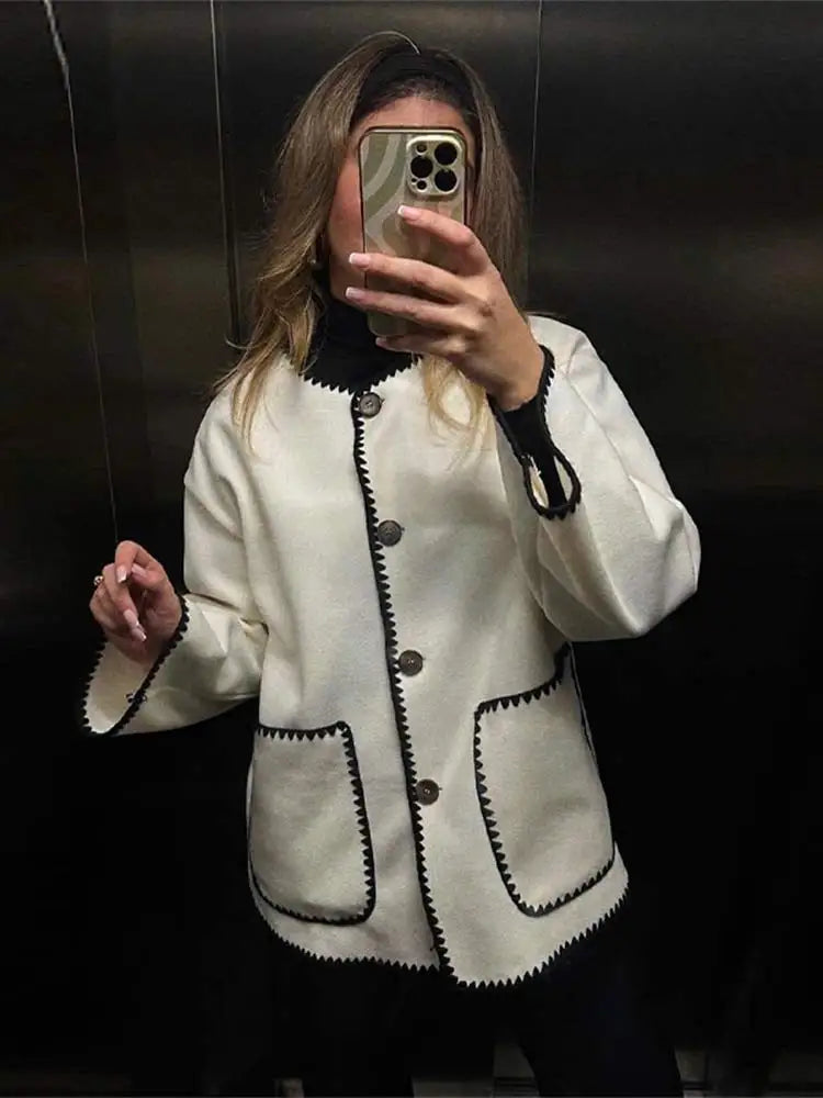 Aiertu  -  Autumn Women Contrast O Neck Loose Jacket Femlae Elegant Long Sleeves Loose Coat 2026 New Winter Lady High Street Outercoat Aiertu