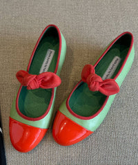 Aiertu  Boutique Bow Splicing Flat Feet Shoes Green Cowhide Leather Aiertu