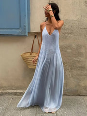 Aiertu  -  Women Feminine Blue Sling Dress Floor-length Loose Backless Deep V Spaghetti Strap Halter Robe Chic Vacation Leisure Street Gown Aiertu