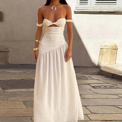 Aiertu  -  White Off Shoulder High Waist Pleated Evening Dress Lady Elegant Backless Slim Long Dress New 2026 Strapless Hollow Beach Dress Aiertu