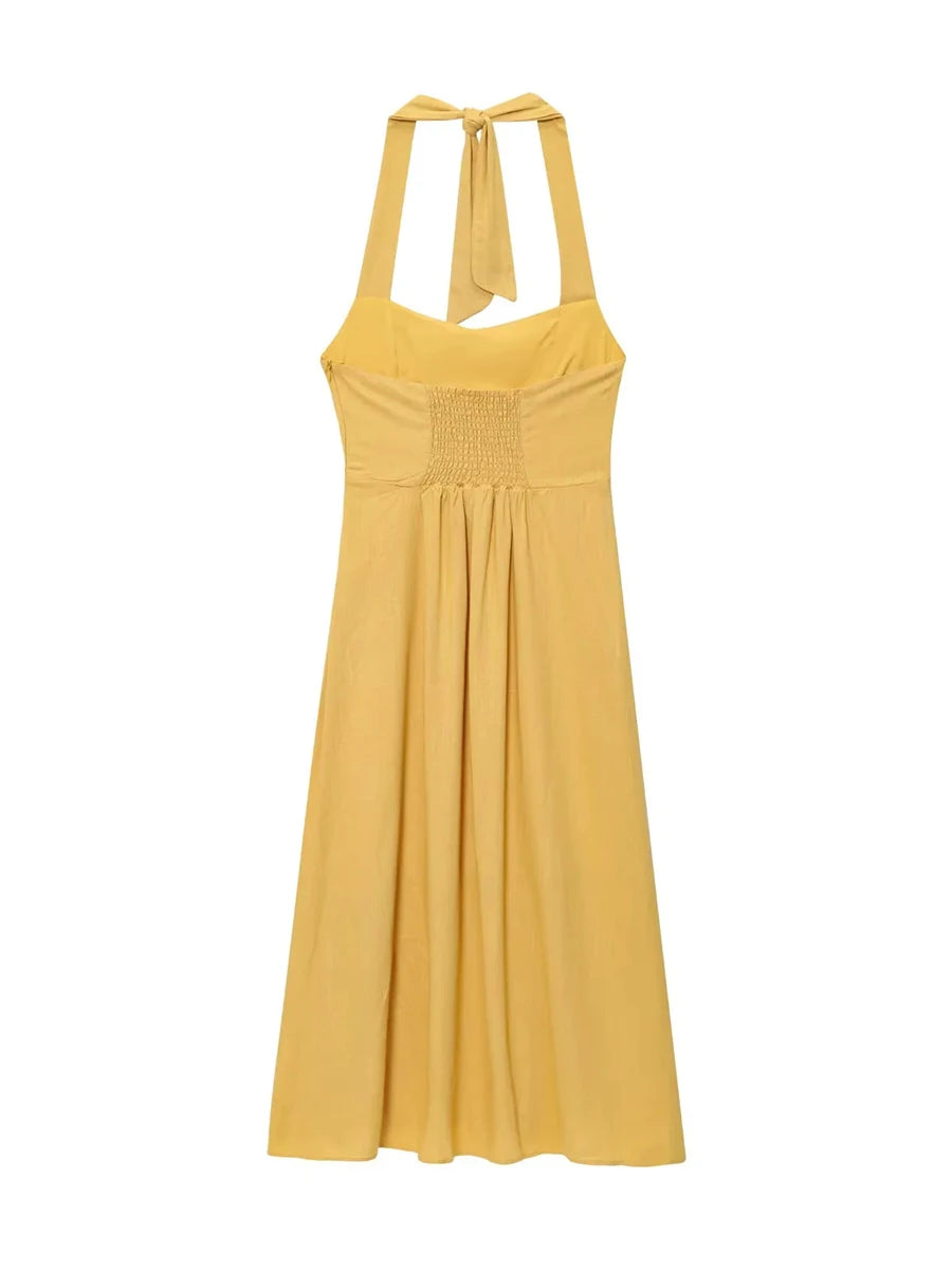 Aiertu  -  Solid French Retro Dress for Women Halter Sleeveless High Waist Backless Temperament Party Midi Dresses Female New Aiertu