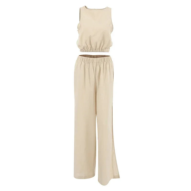 Aiertu  -  Elegant Solid Vest Pants Set Women O-neck Sleeveless Tops High Waist Side Split Trousers 2026 Summer Fashion Lady Office Outfit Aiertu