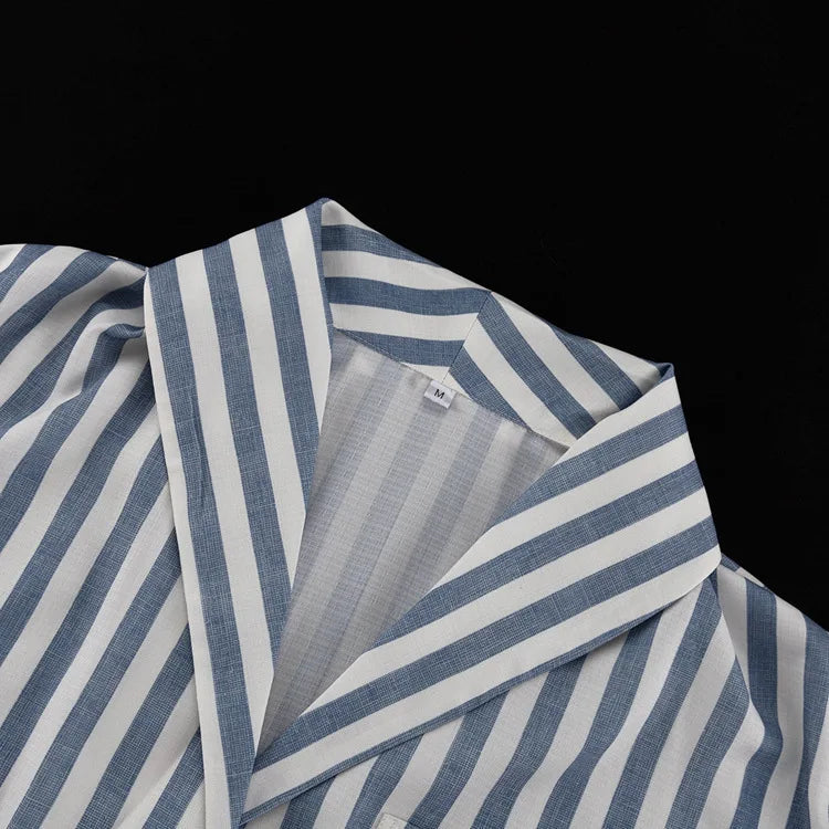 Aiertu  -  Blue Striped Shorts 2 Piece Set Women Single Breasted Lace-up Long Sleeve Blouse+Short Pants Casual Fashion Loose Suits 2025 New Aiertu