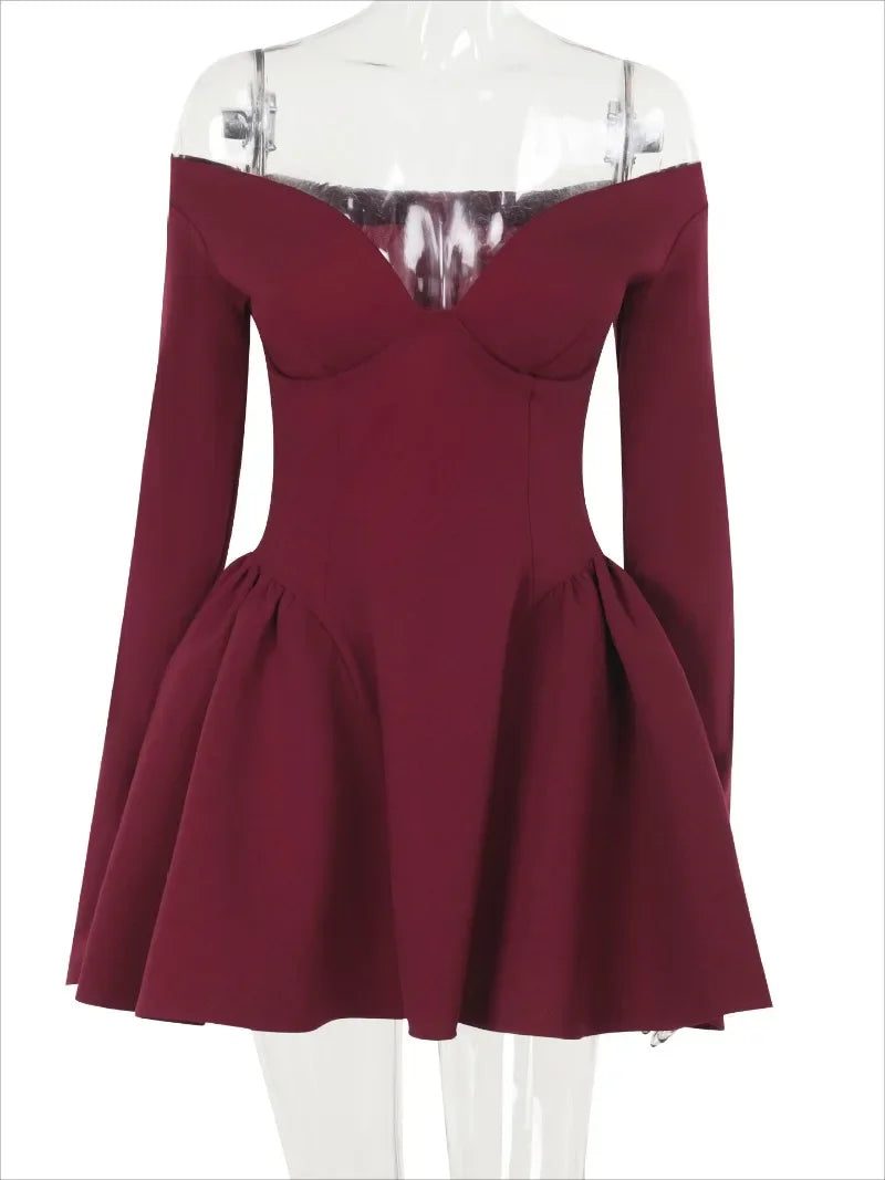 Aiertu  -  Women Corset A-line Party Dress Lady V-neck Off Shoulder Long Sleeve High Waist Tunics Short Dress Ruched Pleated Birthday Gowns Aiertu