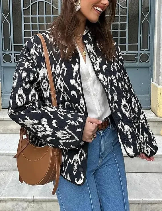 Aiertu  -  Warm Quilted Jackets for Women Long Sleeve Floral Print Button Down Puffer Jacket Coats with Pockets Cropped Open Front Cardigan Aiertu