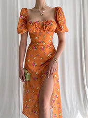 Aiertu - Puff Sleeve Floral Fields Maxi Dress Aiertu