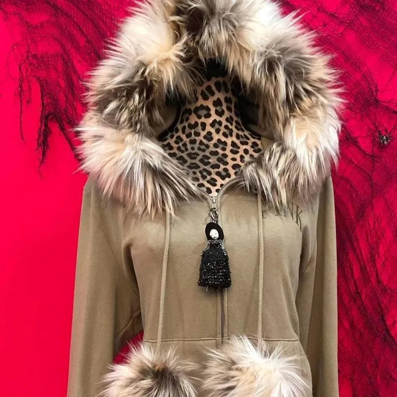 Aiertu  -  American Retro Letter Print Fur Collar Hooded Sweatshirt Women Winter Retro Streetwear Loose Casual Harajuku Zipper Hoodie Aiertu