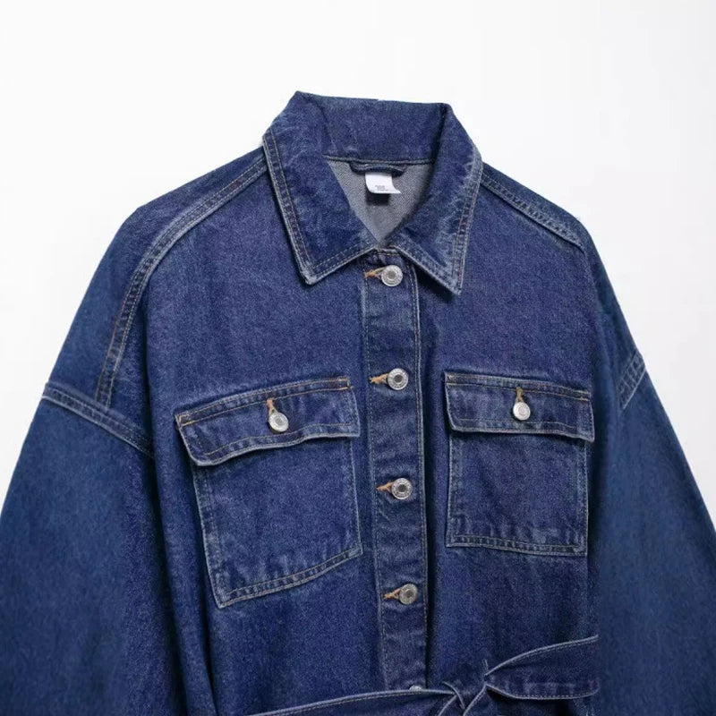 Aiertu  -  Fashion Women's Denim Jackets With Belt Casual Lapel Single-breasted Pockets Washed Jacket 2025 Spring Lady Y2k Street Outwear Aiertu