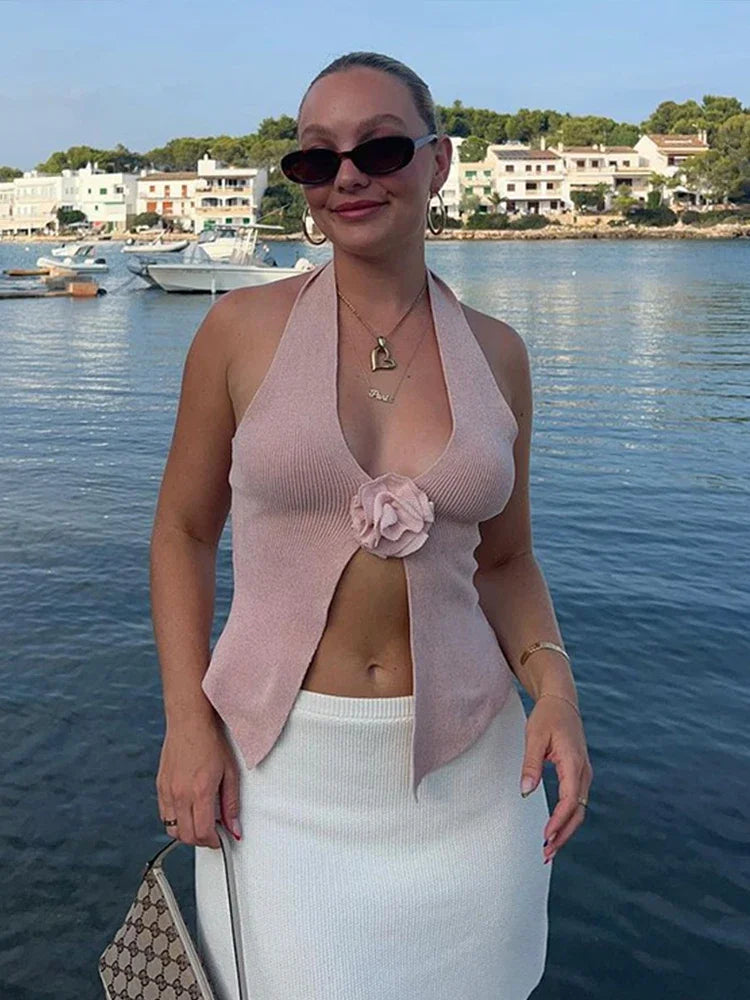 Aiertu  -  Sexy Knitted 3D Flower Halter Vest Women Solid Hallow Out V-neck Sleeveless Female Tank 2026 Summer Slim Fashion Lady Tops Aiertu