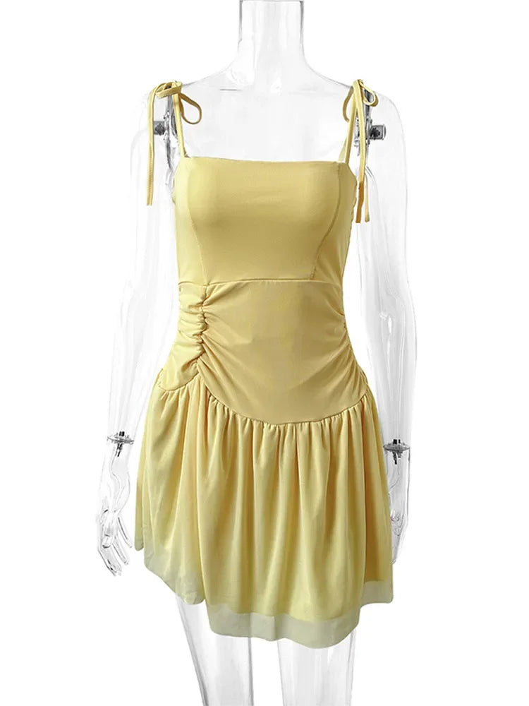 Aiertu  -  Summer Sleeveless Lace-up Backless Dress Women Elegant Pleat Mini Vestidos Casual Party Beachwear Yellow Ruffled Sling Chic Aiertu