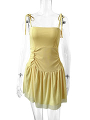 Aiertu  -  Summer Sleeveless Lace-up Backless Dress Women Elegant Pleat Mini Vestidos Casual Party Beachwear Yellow Ruffled Sling Chic Aiertu