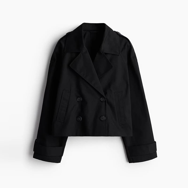 Aiertu  -  Fashion Denim Lapel Short Jacket For Women Chic Double Breasted Cropped Jackets Female 2025 Spring New Long Sleeve Street Tops Aiertu