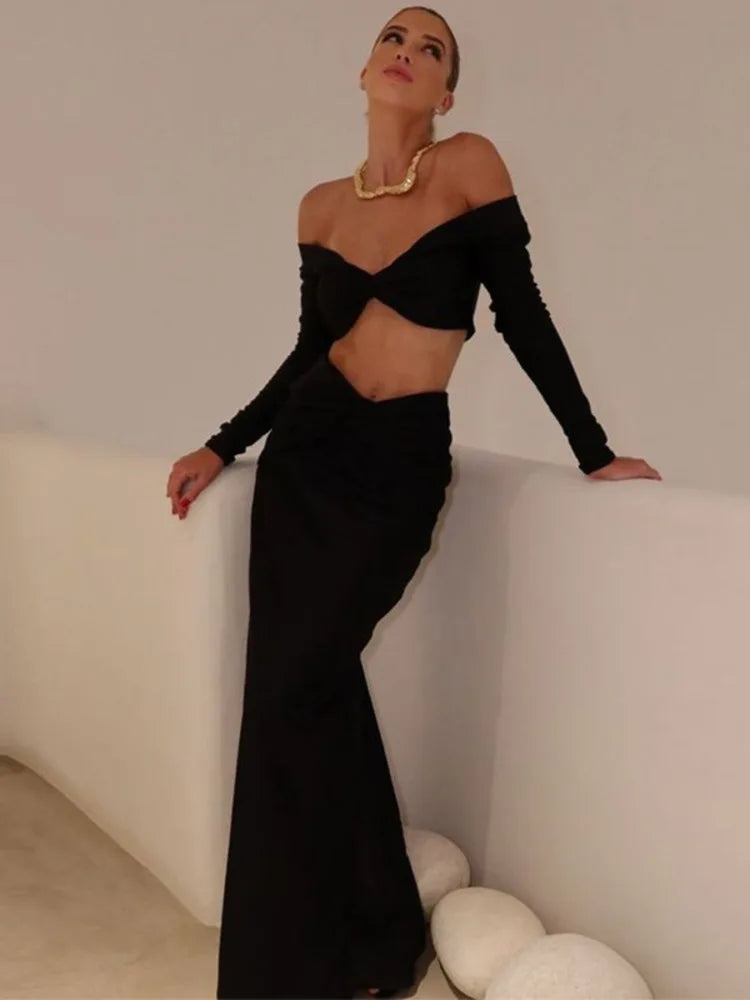 Aiertu  -  Sexy Strapless Two Piece Sets Women Off-shoulder Long Sleeve T-shirt And Long Skirt Female Club Matching 2 Piece Sets Aiertu