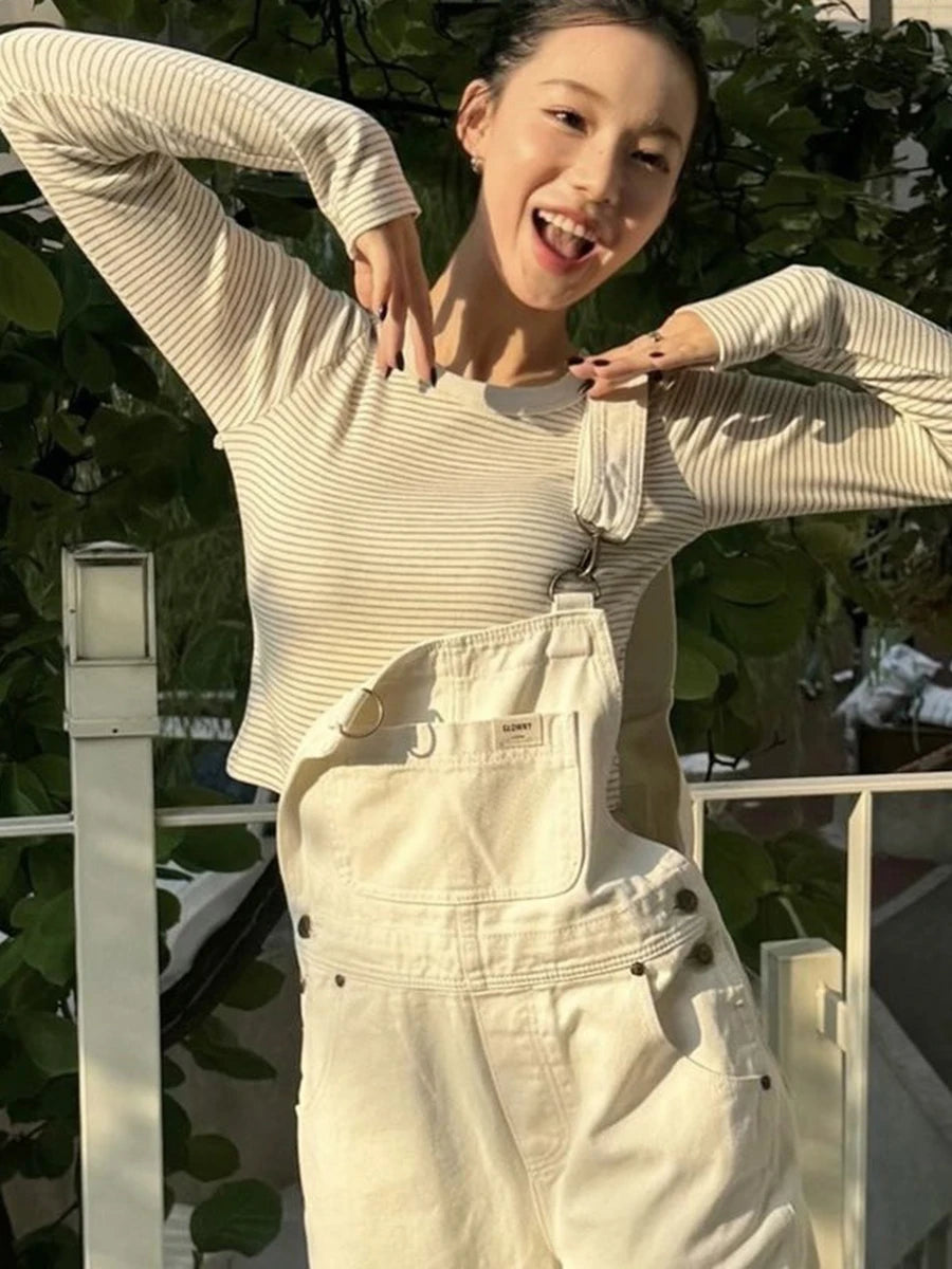 Aiertu  -  New Striped Cropped T-shirts For Women 2025 Spring Round Neck Slim Long Sleeve Tees Korean Fashion Casual Cotton Tops Tee Shirts Aiertu