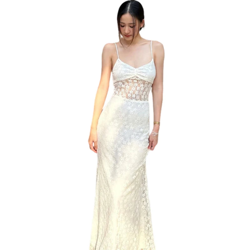 Aiertu  -  Elegant Dress Women Jacquard Sleeveless Flower Backless Fashion Low-Neck See Through Vacation Birthday Party Vestidos Aiertu