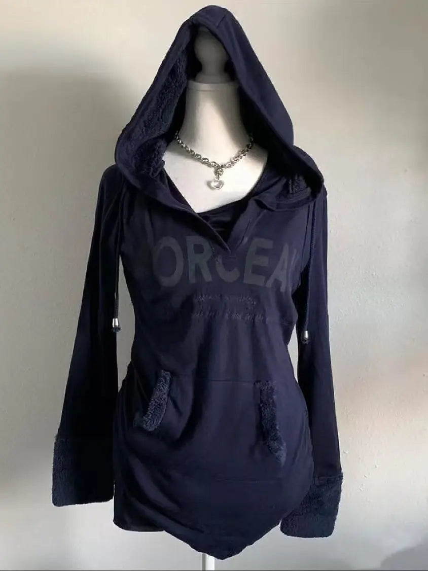Aiertu  -  Y2K Retro Gothic Print Pattern Blue Lamb Wool Hoodie Autumn winter Hot Girl Slim Warm Harajuku Millennium Street Casual Hoodie Aiertu