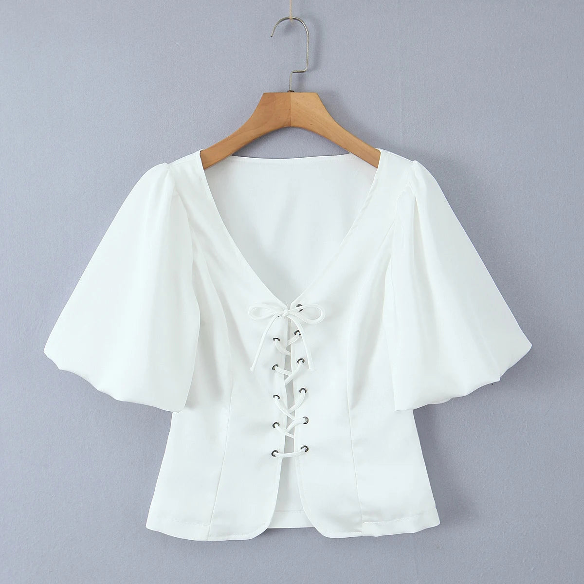 Aiertu  -  Summer eyelets Cross Lacing Up Bow Front Short Lantern Sleeve Shirt + Low Waist Package Hips Ruffles Hem Mini Skirt Sets Aiertu