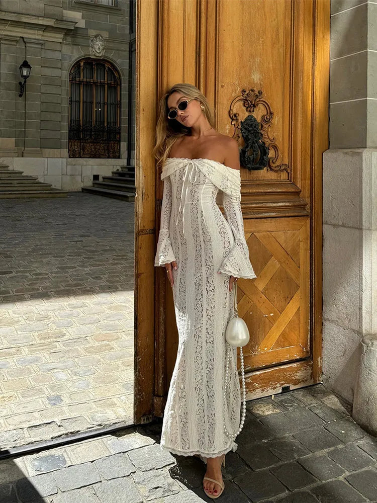 Aiertu  -  White Lace Up Hollow Out Long Dress For Women Elegant Slash Neck Long Flare Sleeve Slim Vestidos Autumn New Street Evening Robes Aiertu