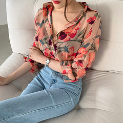Aiertu Vintage Floral Chiffon Shirt Women Elegant Long Sleeve Print Thin Blouse Cardigans Korean Loose All Match Sunscreen Tops Aiertu