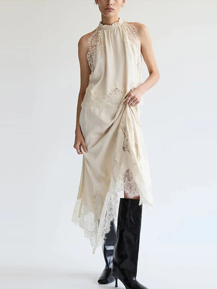 Aiertu  -  Lace Patchwork Tank Top Skirt Set Women Sleeveless Solid Thin Vest Split Midi Skirts Suit 2026 Summer Holiday Street Outfits Aiertu