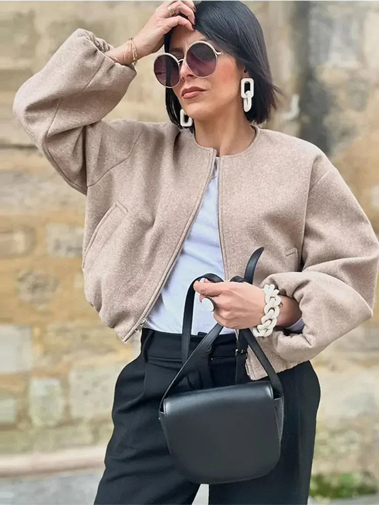 Aiertu  -  Women Fashion Zip O-neck Bomber Cropped Jacket Casual Solid Pockets Long Lantern Sleeve Short Loose Coat 2026 New Lady Outerwear Aiertu