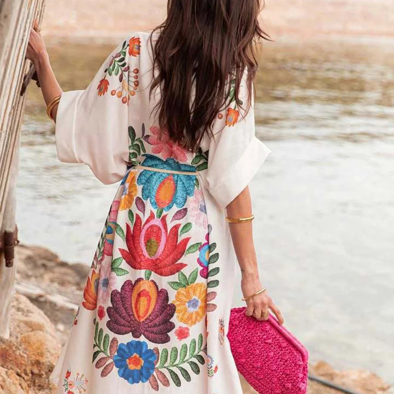 Aiertu  -  New Pattern Printed Loose Long Dress Women's Fashion Single Breasted Bohemian Dress Retro Short Sleeve Split Beach Dresses Aiertu
