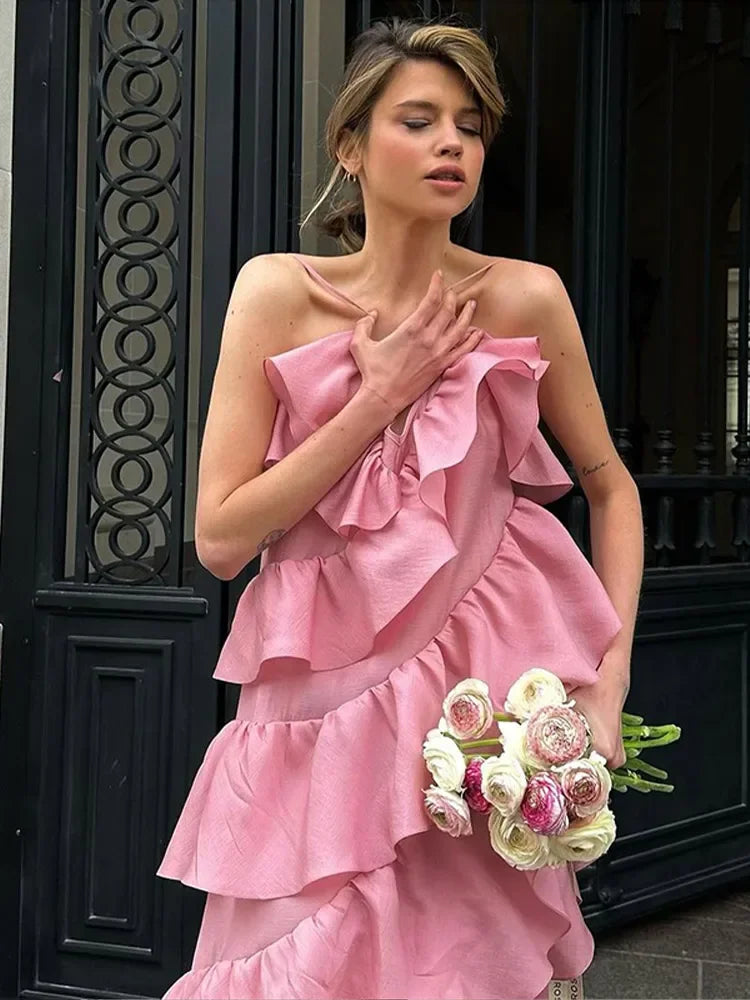 Aiertu  -  Layer Ruffles V Neck Pink Maxi Dress Women Elegant Backless Sleeveless Sling Long Dresses 2026 Chic Lady Party Street Vestidos Aiertu