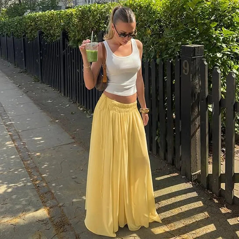Aiertu  -  Summer Drawstring High Waist Long Skirt For Women Pleated Casual Patchwork Lace-Up See-Through Female Chiffon Maxi Skirt Aiertu