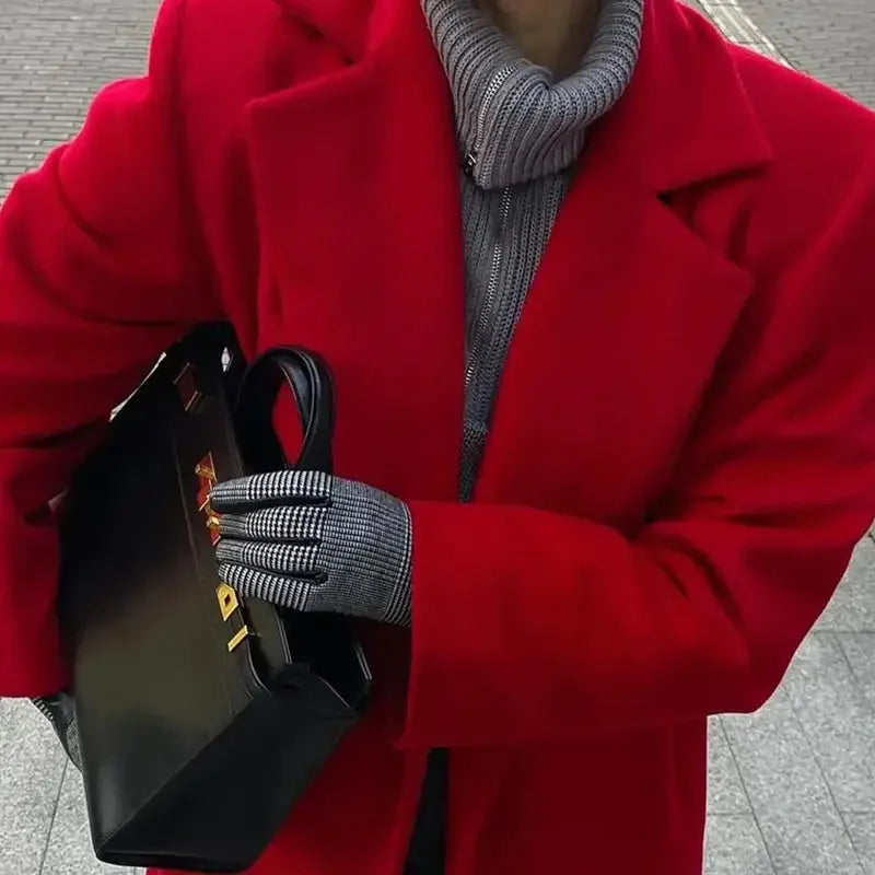 Aiertu     -  Fall Outfits 2026 Red Woolen Long Coats Women Elegant Lapel Full Sleeve Single Button Loose Tops 2026 Autumn New Lady Solid High Street Outwear Aiertu