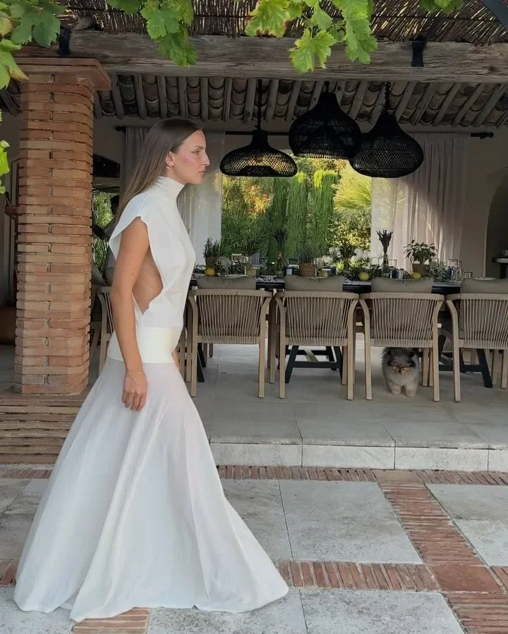 Aiertu  -  Elegant White Mesh Patchwork See Through Long Dress Women Fashion O-neck Sleeveless Slim Dresses New Lady Sexy Party Vestidos Aiertu