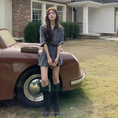 Aiertu  -  Fake Denim Fashion Spring Summer Outfits 2025 New Lapel Blouse Top And Short Skirt Two Piece Set Streetwear Shirts + Pleat Skirt Aiertu