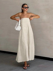 Aiertu  -  Summer New Cotton Linen Strapless Dress Women's Vacation Style Off Shoulder Dress Fashion Female Backless Long Skirt Aiertu