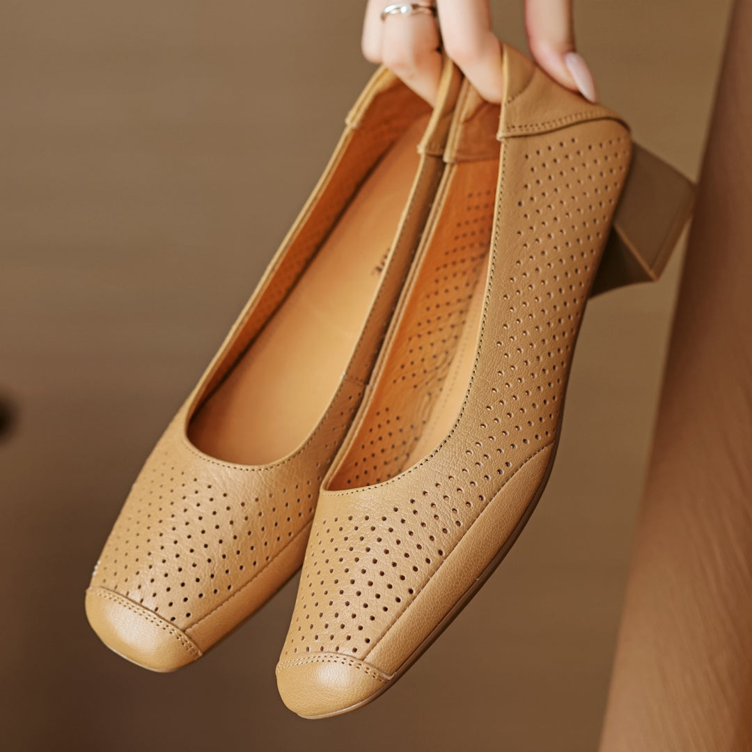 Aiertu  -  summer new women's cow leather hollow-out breathable summer 3cm low heel pumps elegant ladies OL style slim heeled shoes 41 Aiertu