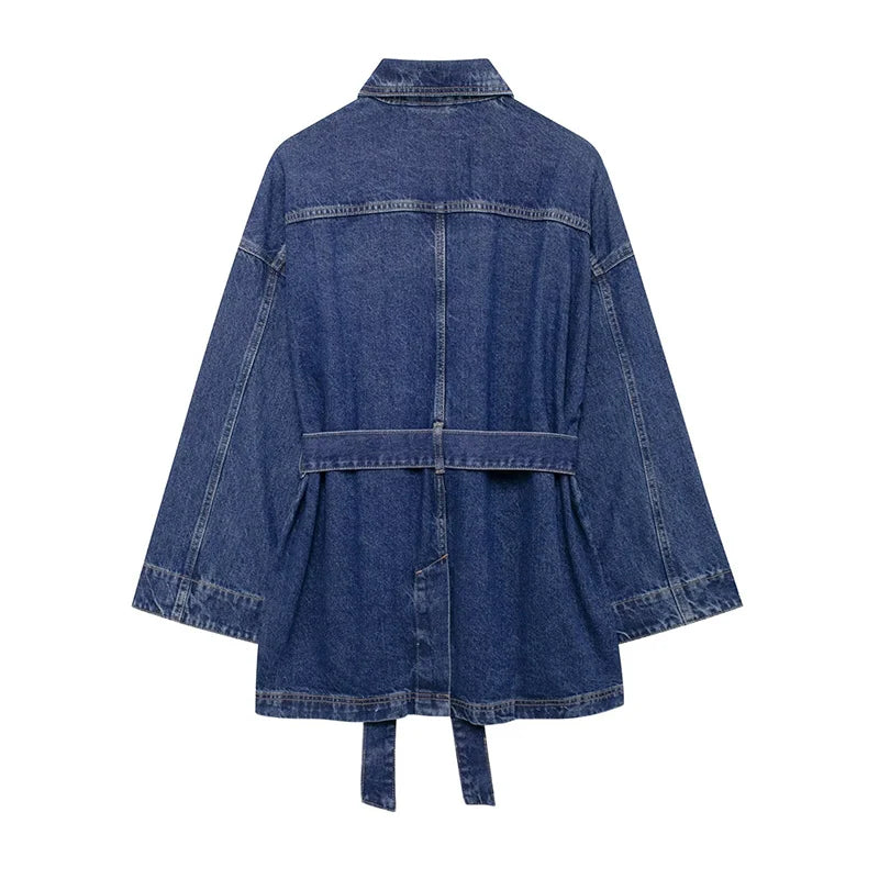 Aiertu  -  Fashion Women's Denim Jackets With Belt Casual Lapel Single-breasted Pockets Washed Jacket 2025 Spring Lady Y2k Street Outwear Aiertu