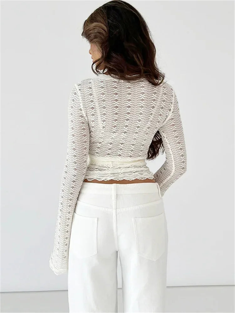 Aiertu  -  Bandage Hollow Out V-Neck T-shirt Top Women's Bandage Long Sleeve See-Through Sexy Casual Pullover Female Printed Tee Top Aiertu