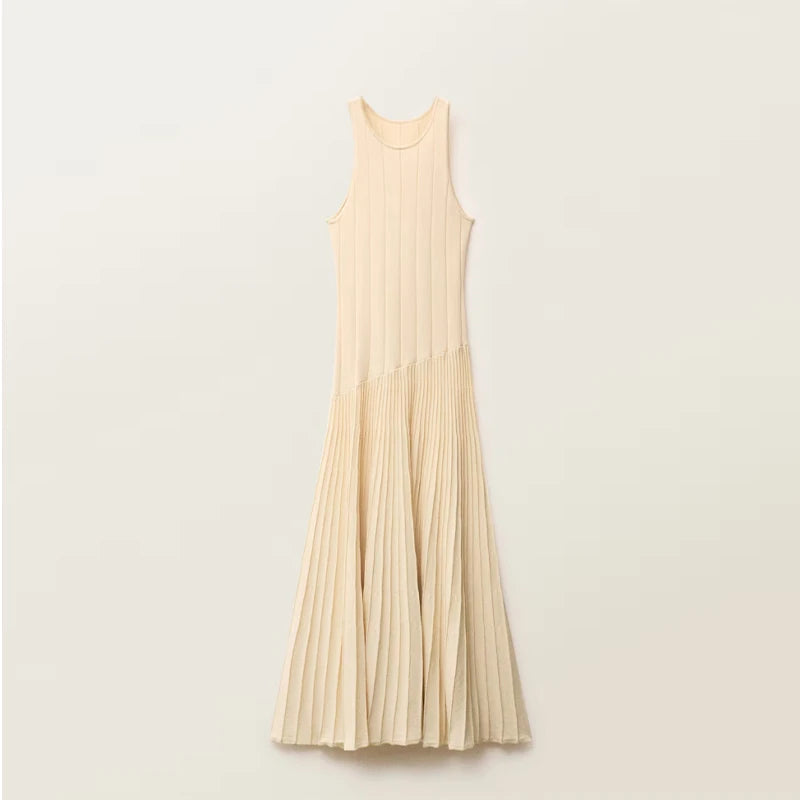 Aiertu  -  Chic Patchwork Pleated Dress Women O-neck Sleeveless A-line Ankle-length Dresses Female 2025 Spring Summer Minimalism Lady Robe Aiertu
