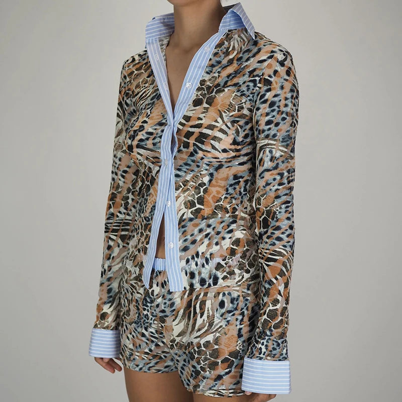 Aiertu  -  Animal Graphic Print 2 Piece Patchwork Button Up Long Sleeve Blouse T-shirt Tops + Shorts Vintage Women Y2k Coquette Outfits Aiertu