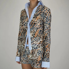 Aiertu  -  Animal Graphic Print 2 Piece Patchwork Button Up Long Sleeve Blouse T-shirt Tops + Shorts Vintage Women Y2k Coquette Outfits Aiertu