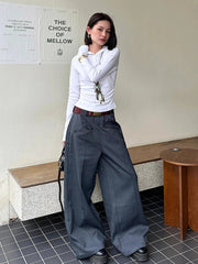 Aiertu  -  Business Women Pintuck High Rise Suit Pants Casual Straight Wide Leg Gray Solid Draped Long Trousers OL Female Clothes Aiertu