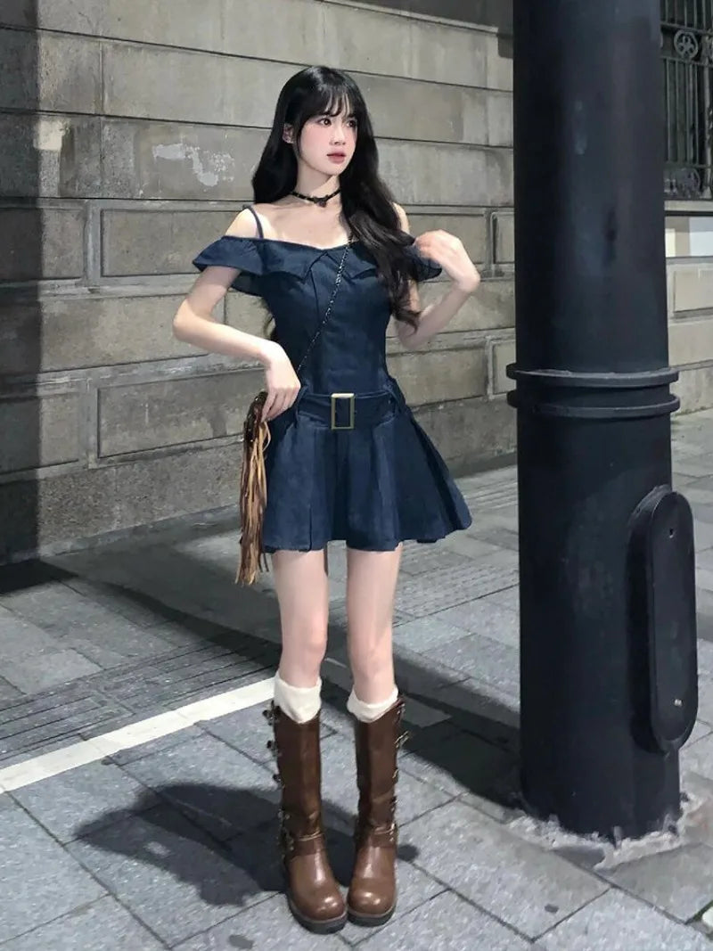 Aiertu  -  Sweet Hot Girl Retro Off Shoulder Denim Dress for Women's Summer Casual Slim Fit A-line Short Strap Dress Fashion Female Clothes Aiertu