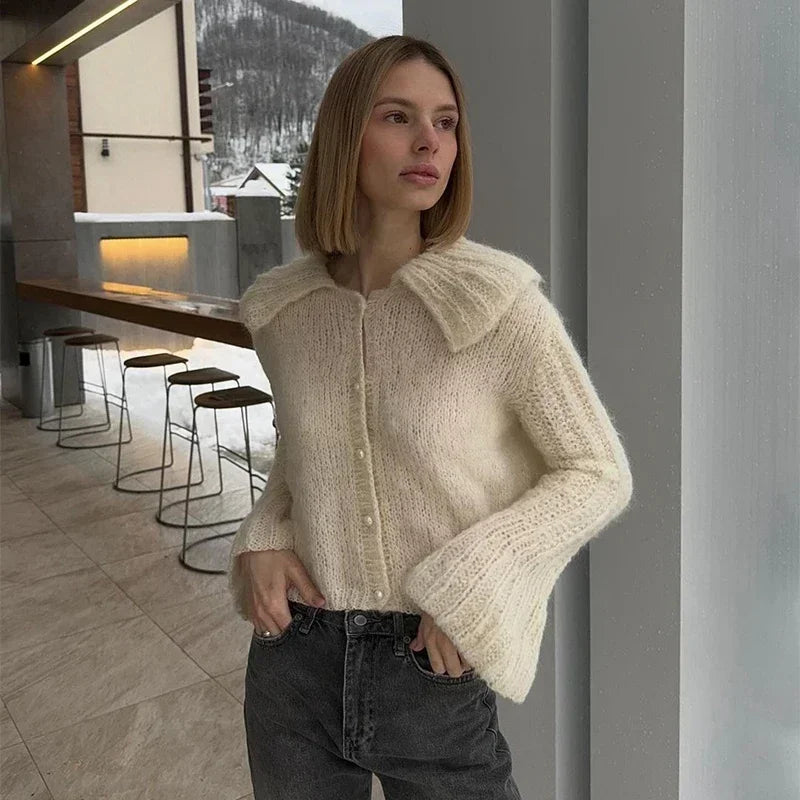 Aiertu     -  Fall Outfits 2026 Vintage Doll Collar Cardigans Women Casual Single Breasted Long Flare Sleeve Sweaters 2026 Autumn New Female Fashion Knitwear Aiertu