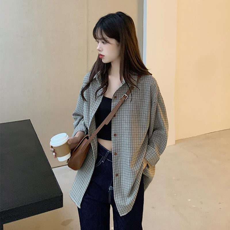Aiertu Plaid Shirts Women Retro Turn Down Collar Long Sleeve Loose Blouses Harajuku Korean Office Lady Basic Casual Baggy Tops Aiertu