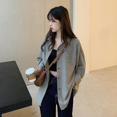 Aiertu Plaid Shirts Women Retro Turn Down Collar Long Sleeve Loose Blouses Harajuku Korean Office Lady Basic Casual Baggy Tops Aiertu
