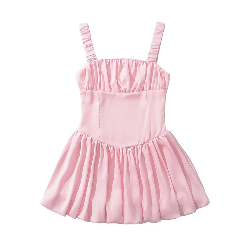 Aiertu  -  Sweet Women Sexy Low Waist Pleated Hem Satin Tank Mini Dress Summer Female Birthday Party Dresses Holiday Robe Aiertu