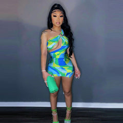Aiertu  Fashion Geometric Print Women Dresses Summer 2025  Club Asymmetrical Cut Out One Shoulder Bodycon Mini Dress D82-BB15 Aiertu